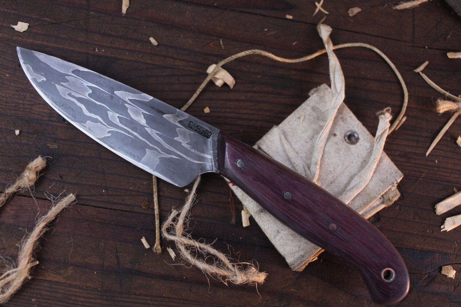 Mark Couch Hand Forged 4.5&quot; Drop Point / Purple Heartwood / Alaskan Forged Damascus