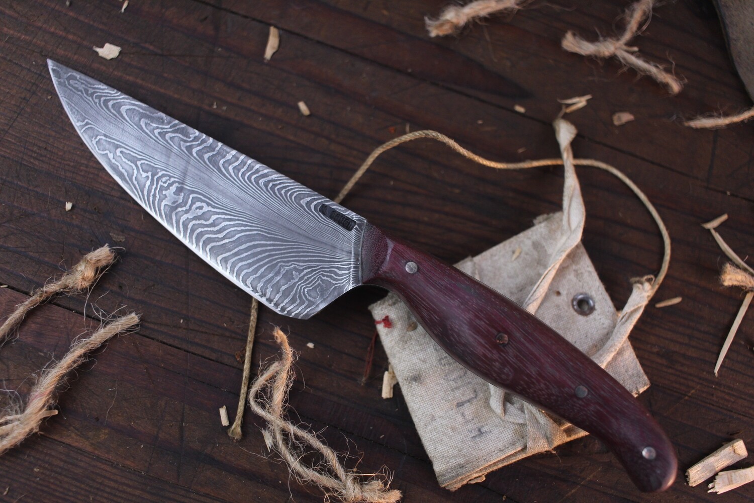 Mark Couch Hand Forged 5&quot; Drop Point / Purple  Heartwood / Alaskan Forged Damascus