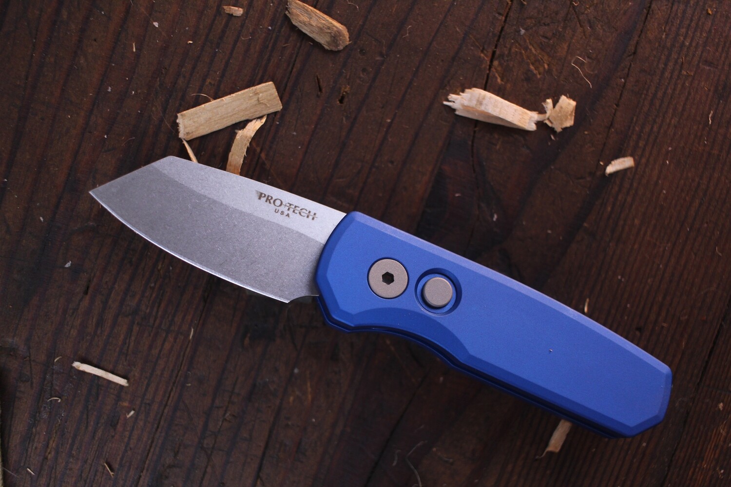 Pro-Tech Runt 5 1.96&quot; Automatic Knife / Blue Aluminum / Stonewash 20CV Reverse Tanto 