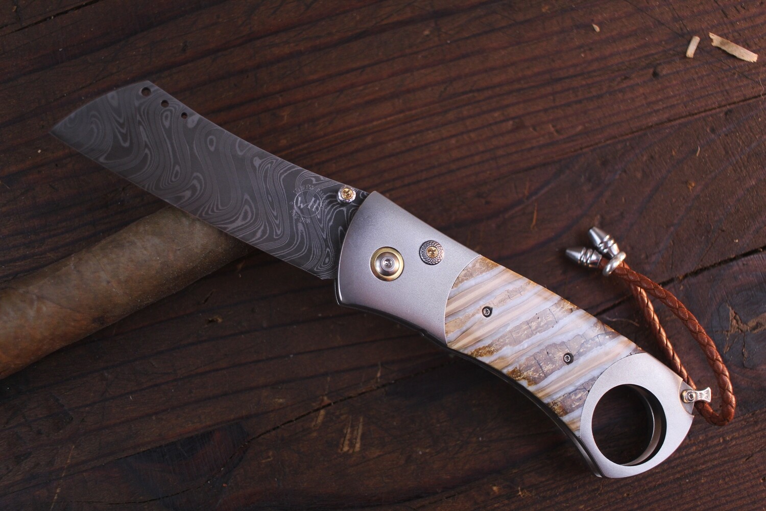 William Henry Epic 2.98&quot; Folding Cigar Cutter / Mammoth Tooth &amp; Titanium With Smoky Quartz / Chad Nichols Damascus