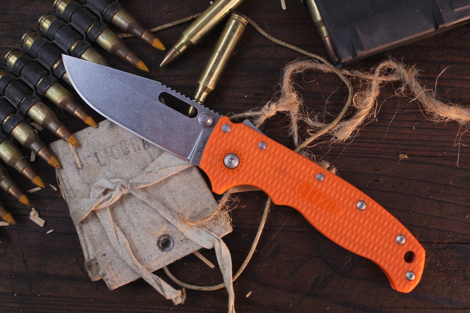 Demko Knives AD 20.5 3.2&quot; Shark Lock Knife / Orange Grivory / Stonewashed AUS10 ( Pre Owned )