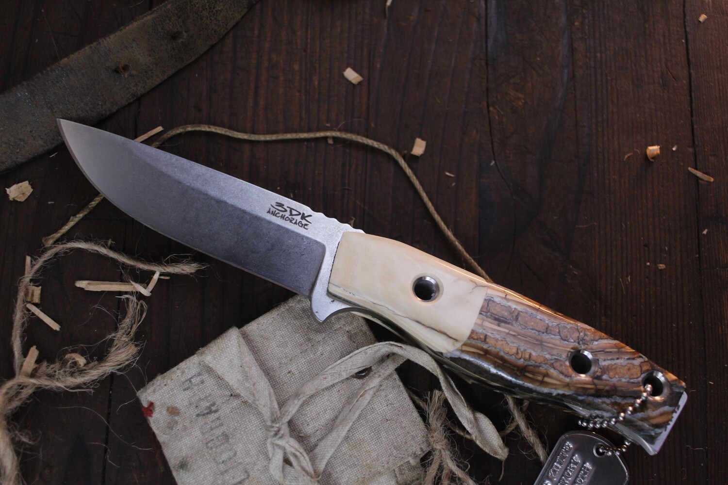 3DK Custom MAK 4&quot; Fixed Drop Point, Elmax Blade / Mammoth Tooth &amp; Mammoth Ivory Handle With Brass Liners