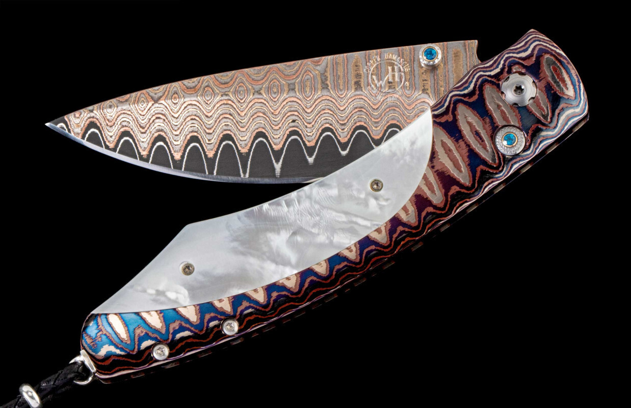William Henry B12 Avalanche 3.06&quot; Folder / Mokume Frame With Mother Of Pearl &amp; Kashmir Blue Topaz Stud / Copper Wave Damascus