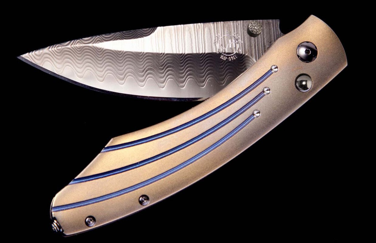 William Henry B12 Spearpoint Burns 3.06&quot; Button Lock Folder / Gold Anodized Titanium Frame / ZDP-189 Core Black Wave Damascus