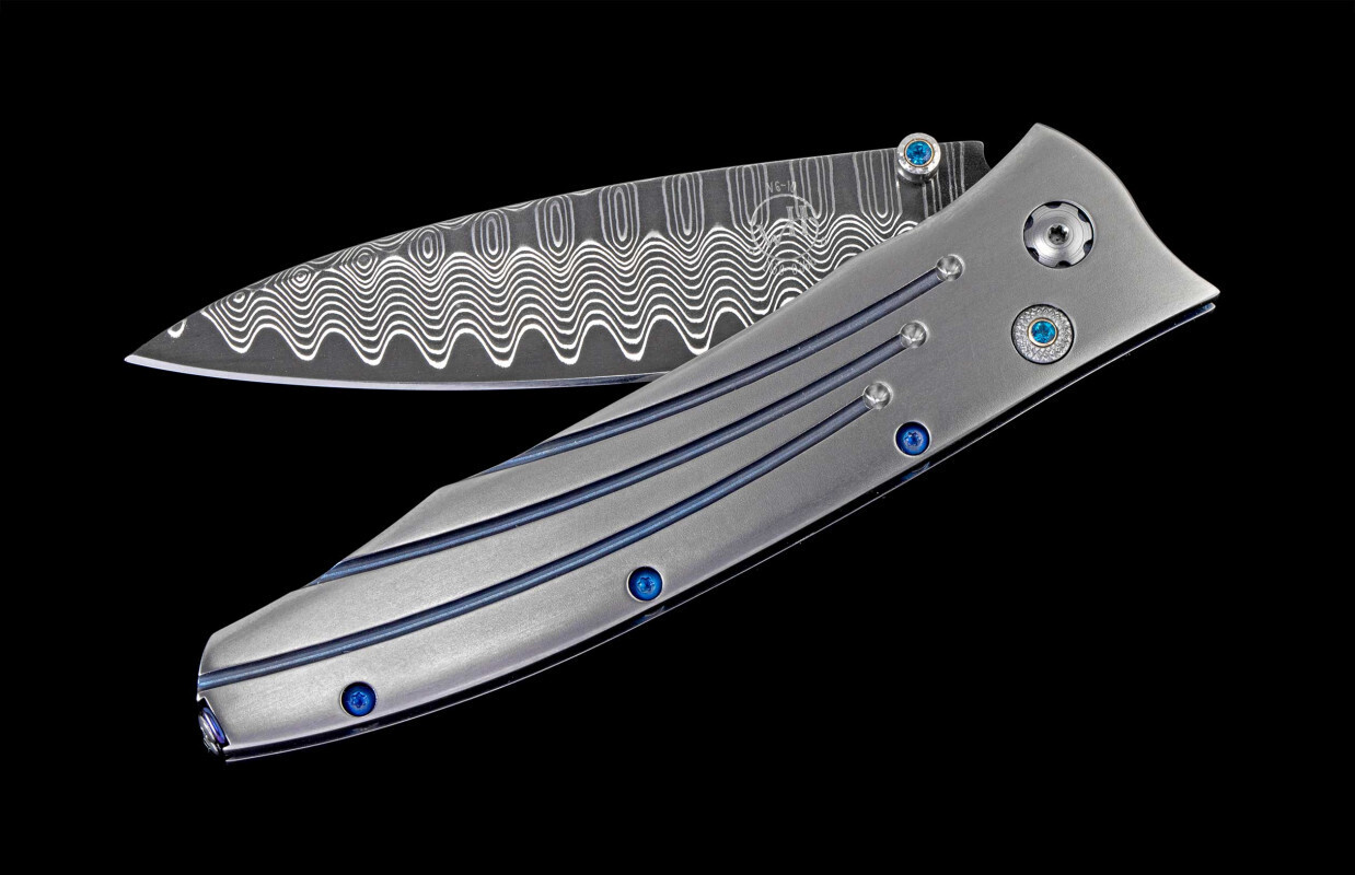 William Henry B30 GenTac Saturn II 3.25&quot; Button Lock Folder / Titanium Frame &amp; Kashmir Blue Topaz  / VG-10 Core Wave Damascus
