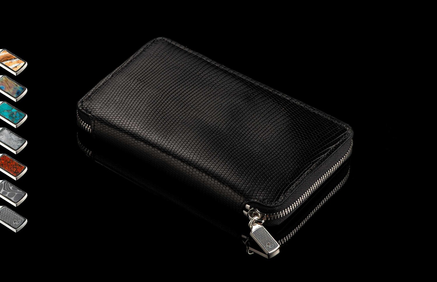 William Henry Large Zip Wallet / Midnight Black Lizard Skin With RFID Lining &amp; Sterling Silver Pulls