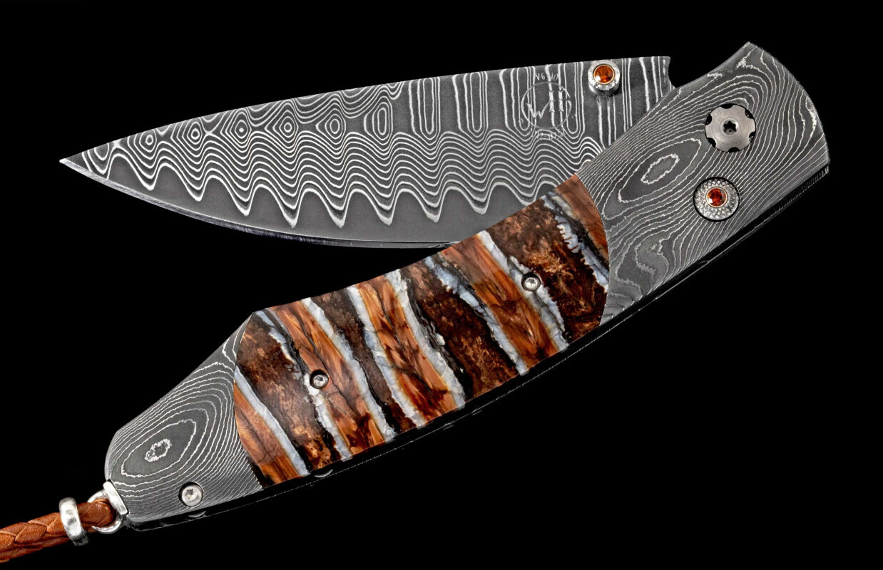 William Henry B12 Ice Age II 3.06&quot; Button Lock Folder / Twist Damascus, Mammoth Tooth &amp; Citrine Stones / VG-10 Wave Damascus