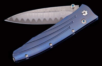 William Henry B30 GenTac 3.25&quot; Button Lock Folder / Blue Anodized Titanium / VG-10 Core Wave Damascus