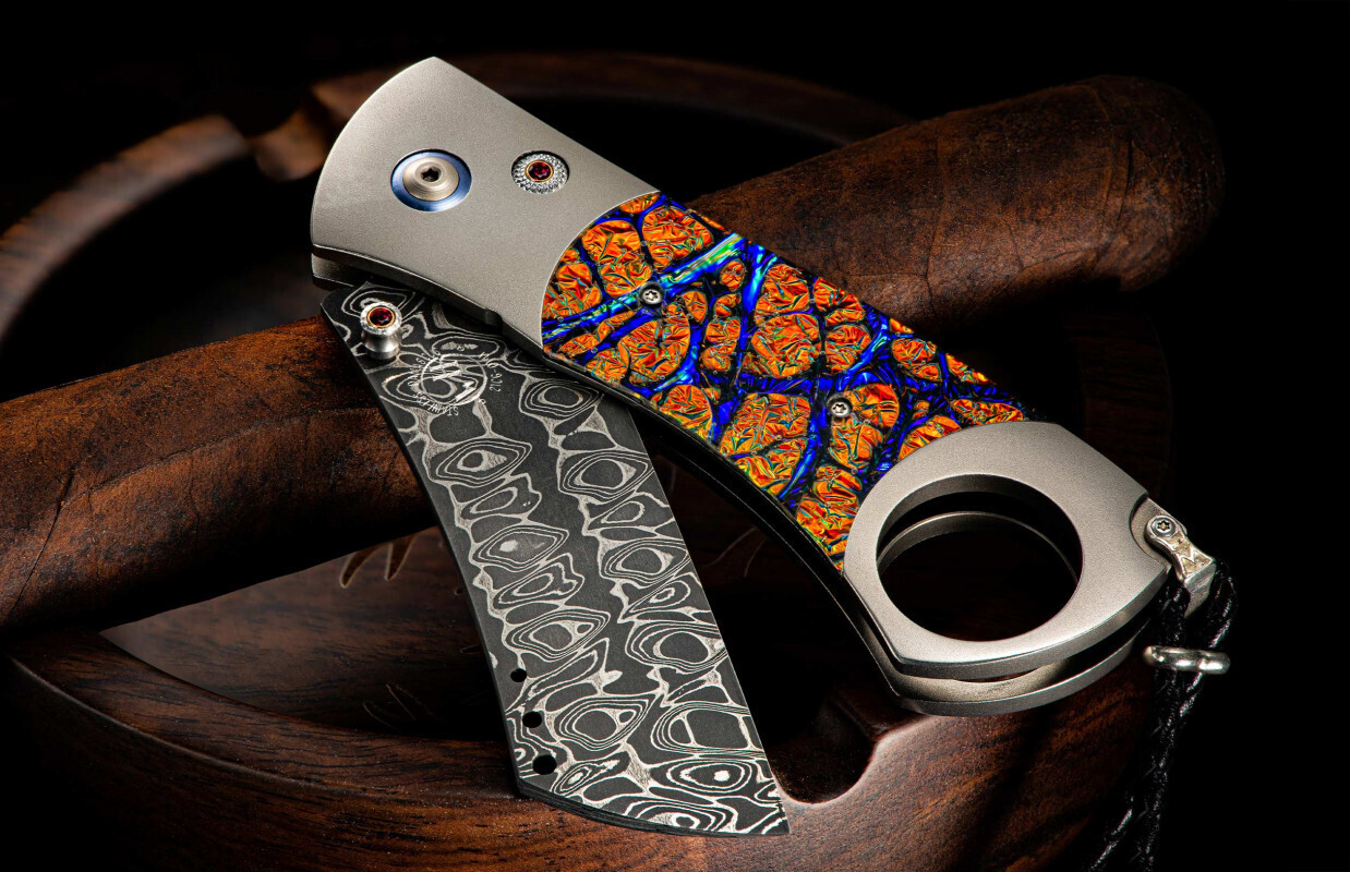 William Henry Dichro 2.75&quot; Folding Cigar Cutter / Dichroic Glass &amp; Titanium With Ruby Stud / &quot;Intrepid&quot; Damascus