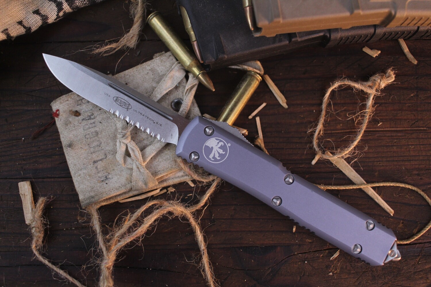 Microtech Ultratech S/E 3.4&quot; Automatic OTF / Grey Aluminum / Stonewashed Serrated ( Pre Owned )