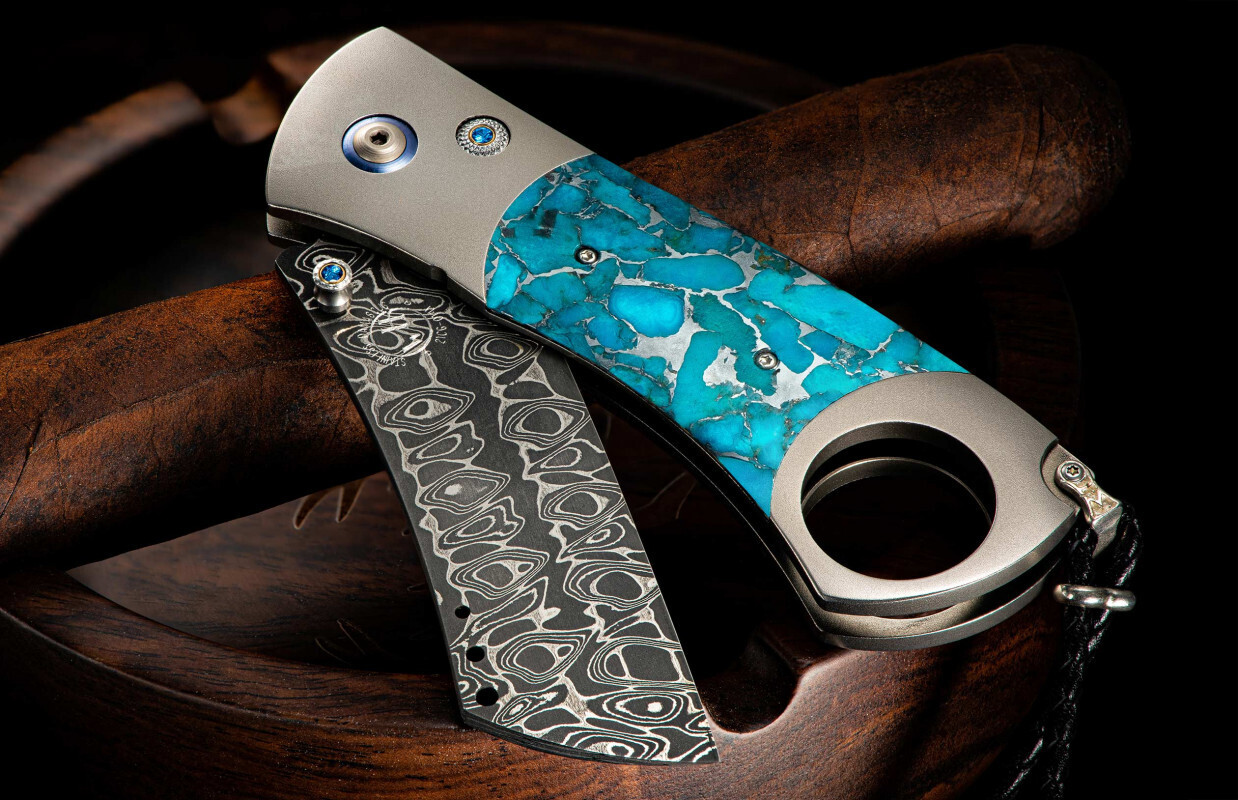 William Henry Kingman 2.75&quot; Folding Cigar Cutter / Titanium With Kingman Turquoise Inlay &amp; Blue Topaz / &quot;Intrepid&quot; Damascus