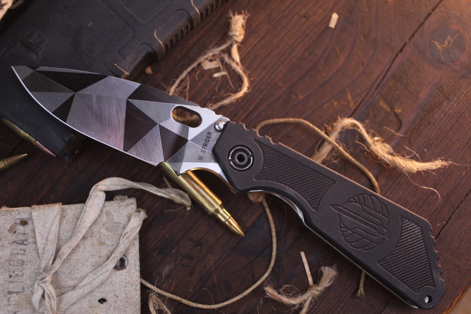 M. Strider MSC SMF 3.9&quot; Folding Knife / Battleship Camo Titanium &amp; Logo Aluminum / Battleship Camo CPM154 ( Pre Owned )