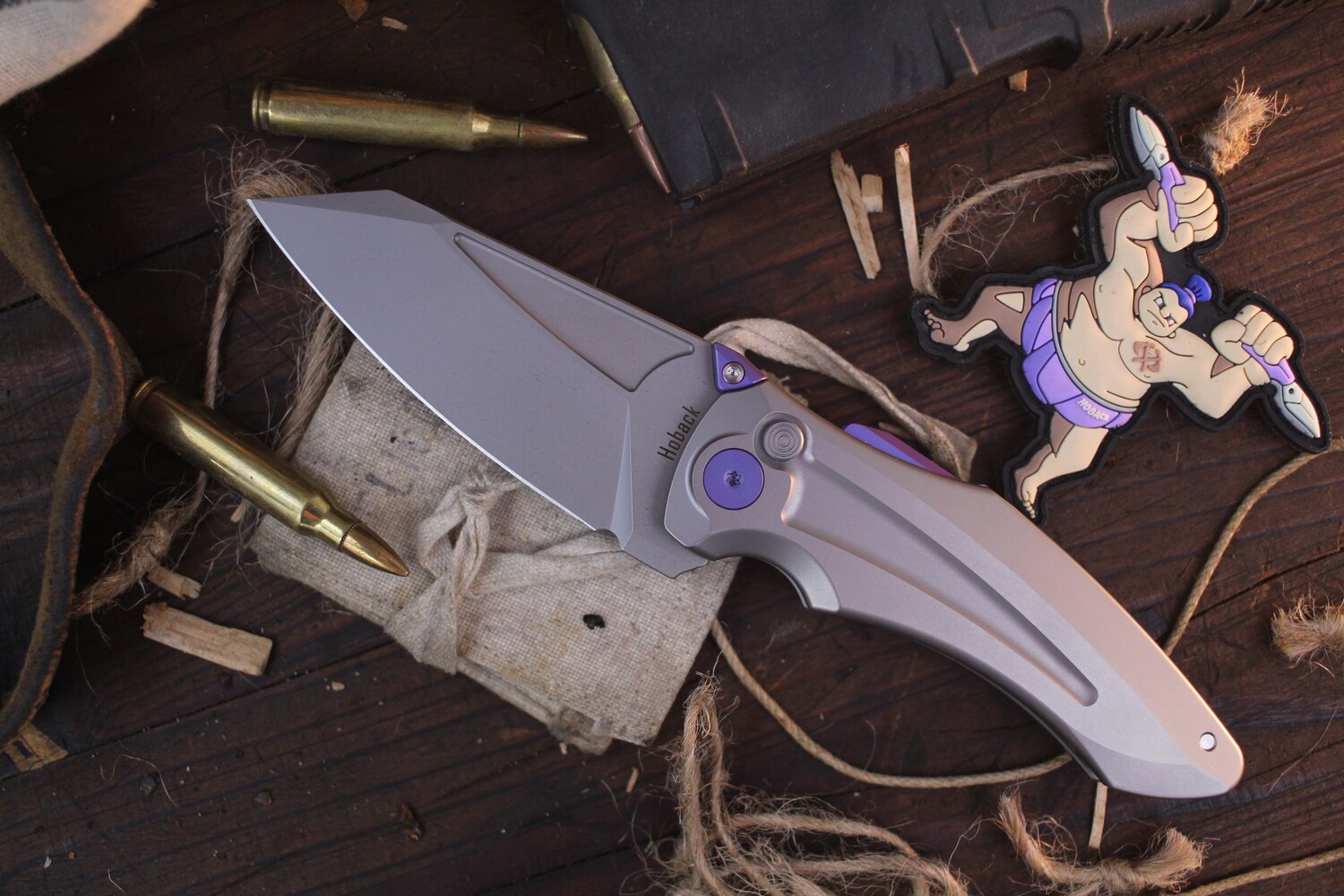 Jake Hoback Knives Sumo 3.25&quot; Button Lock Flipper / Stonewashed Titanium With Purple Hardware / Stonewashed CPM 20CV