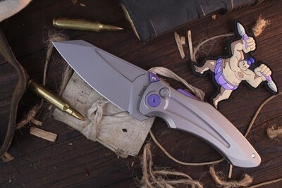 Jake Hoback Knives Sumo 3.25" Button Lock Flipper / Stonewashed Titanium With Purple Hardware / Stonewashed CPM 20CV