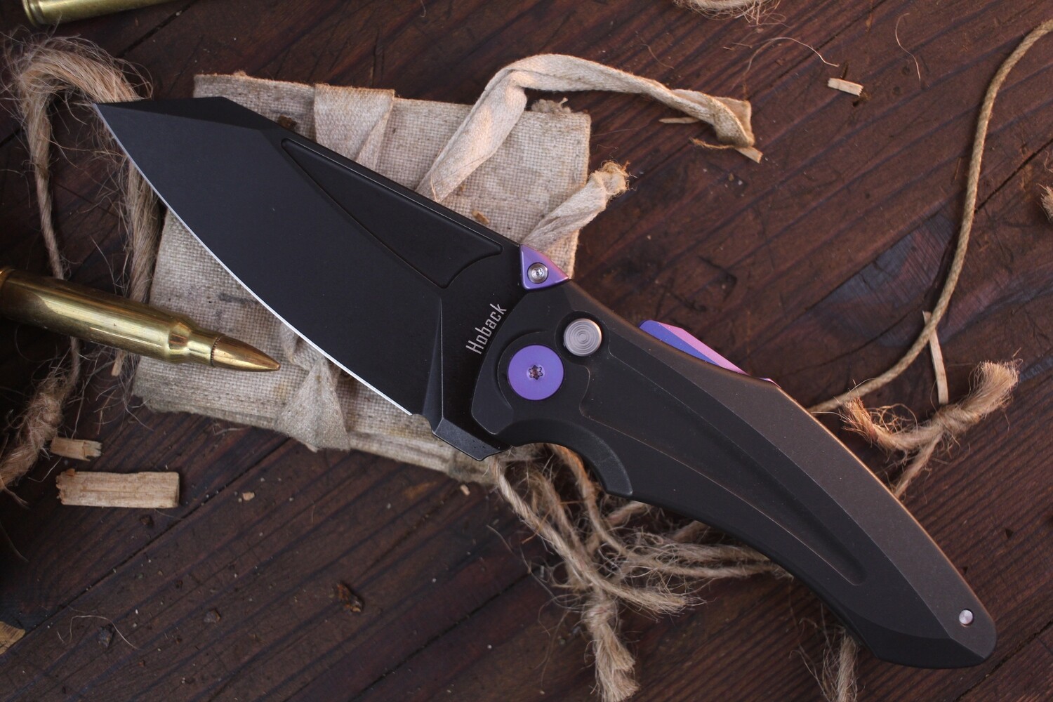 Jake Hoback Knives Sumo 3.25&quot; Button Lock Flipper / Black DLC Titanium With Purple Hardware / Black DLC CPM 20CV