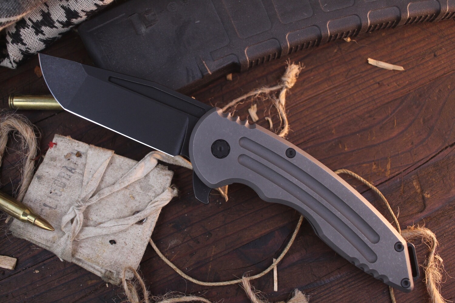 Jake Hoback Knives Husky 3.8&quot; Framelock Flipper / Stonewashed Titanium /  Blackwashed Nitro V