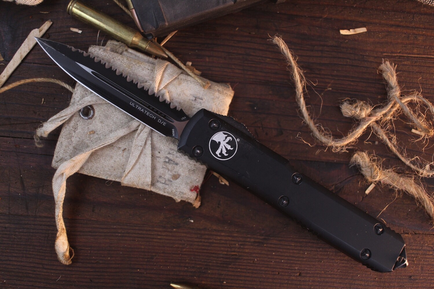 Microtech Ultratech D/E 3.4&quot; OTF Automatic / Black Aluminum / Black Full Serrations ( Pre Owned )