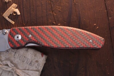 Three Rivers Manufacturing Atom 3.5" Folding Knife / Red &amp; Black Carbon Fiber / Satin 20CV ( Pre Owned )