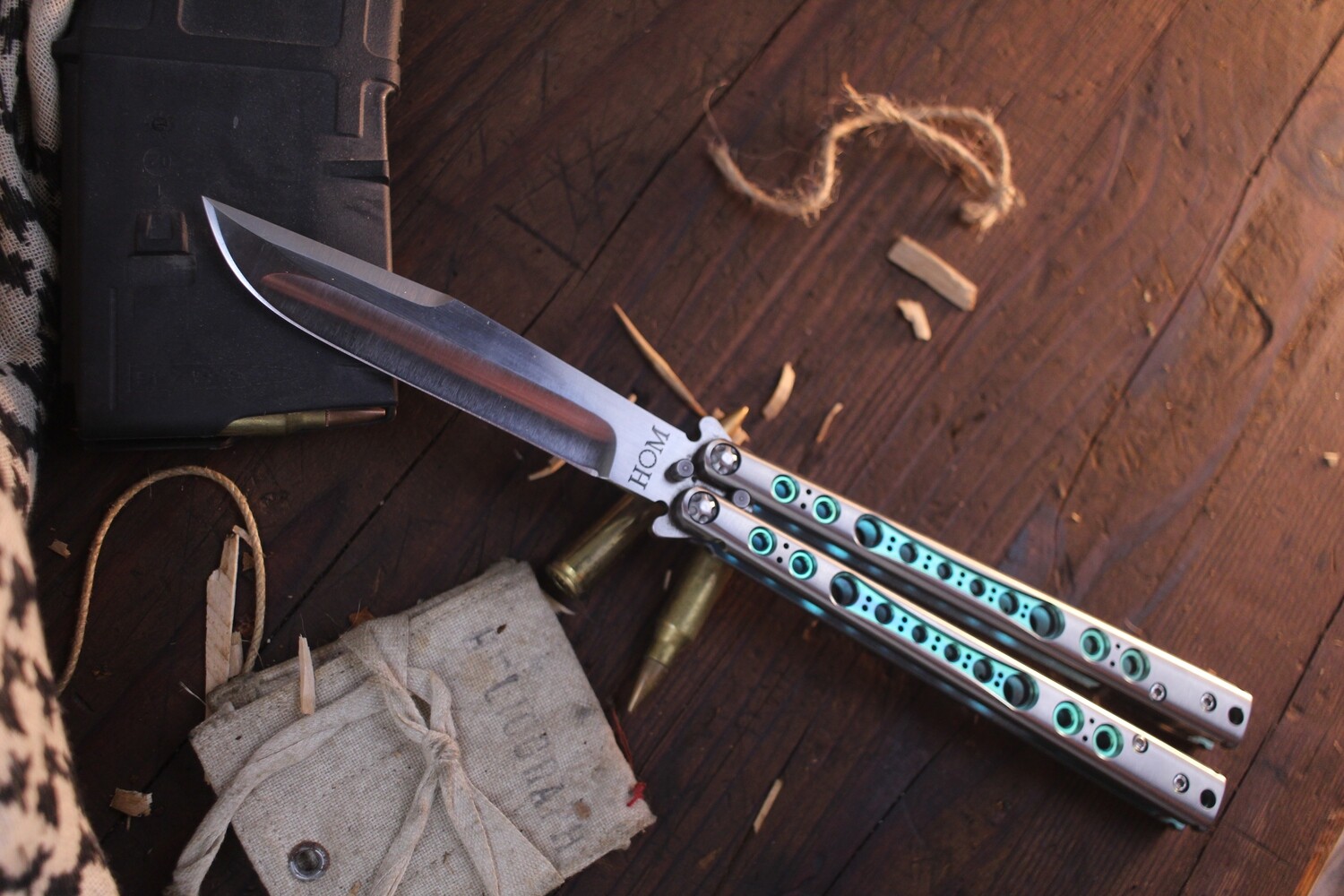 Hom Designs Maelstrom 4&quot; No Latch Balisong / Anodized &amp; Milled Titanium / Lum Style Tanto  With Hand Rubbed 154CM 