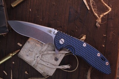 Hinderer XM-18 3.5" Folding Knife / Black & Blue G-10 With Blue Titanium / Stonewashed 20CV Recurve