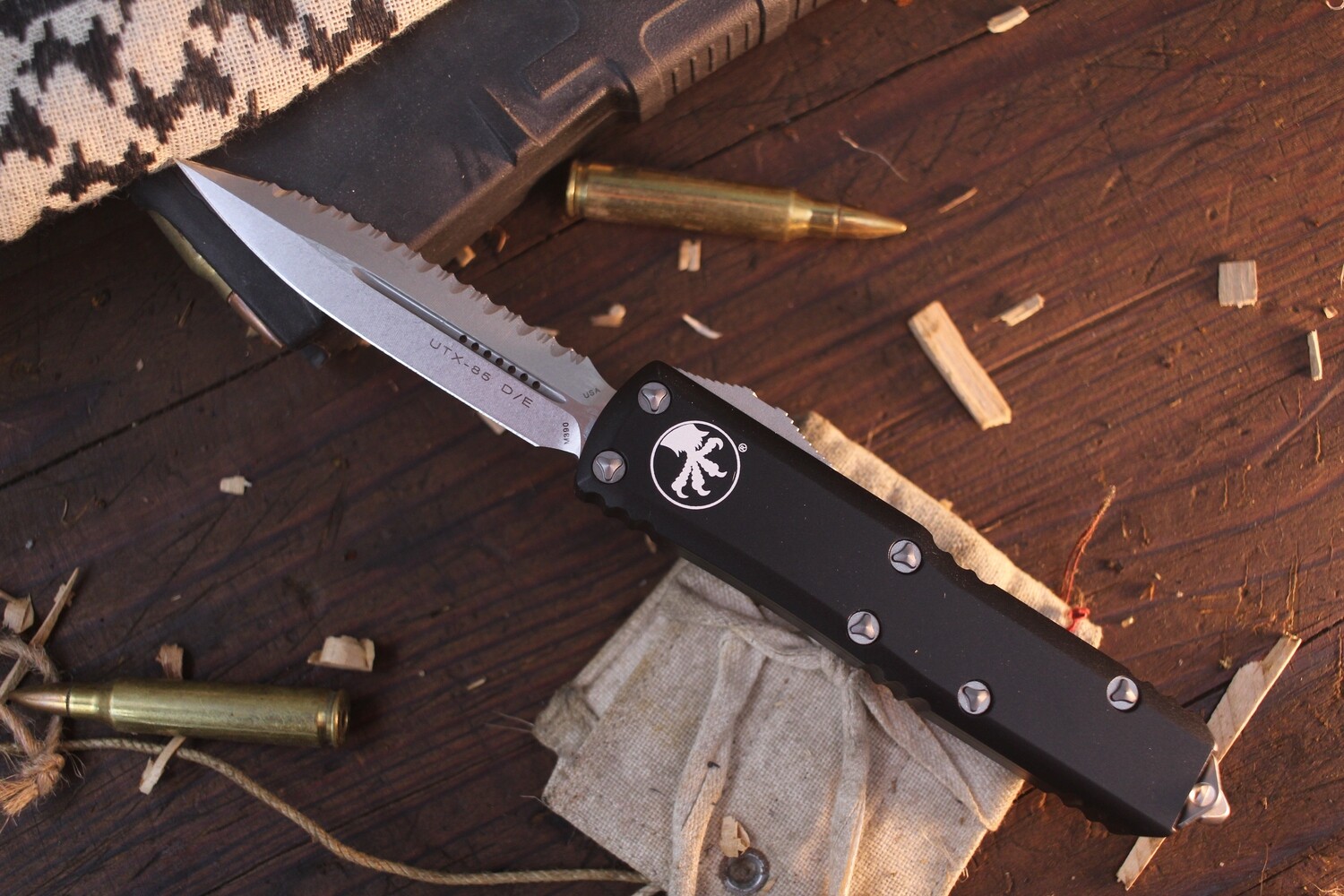 Microtech UTX-85 D/E 3.125&quot; OTF Automatic / Black  Aluminum / Stonewashed Fully Serrated