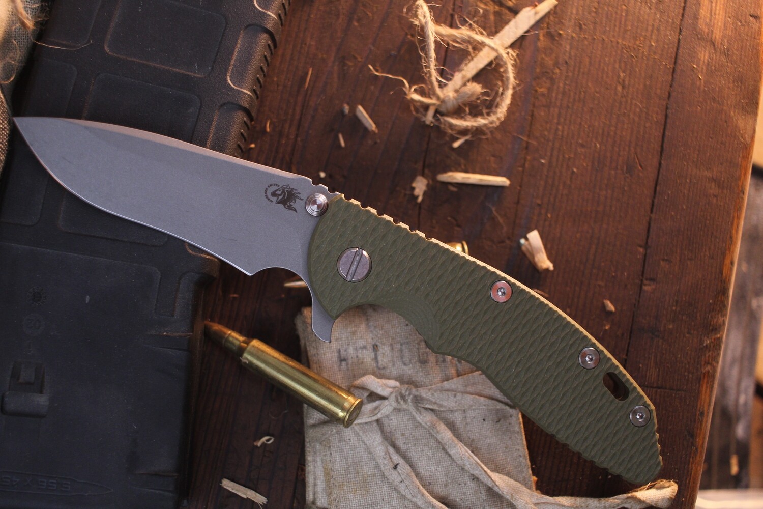 Hinderer XM-18 3.5&quot; Framelock Flipper / OD Green G-10 With Battle Bronze Titanium / Stonewashed 20CV Recurve