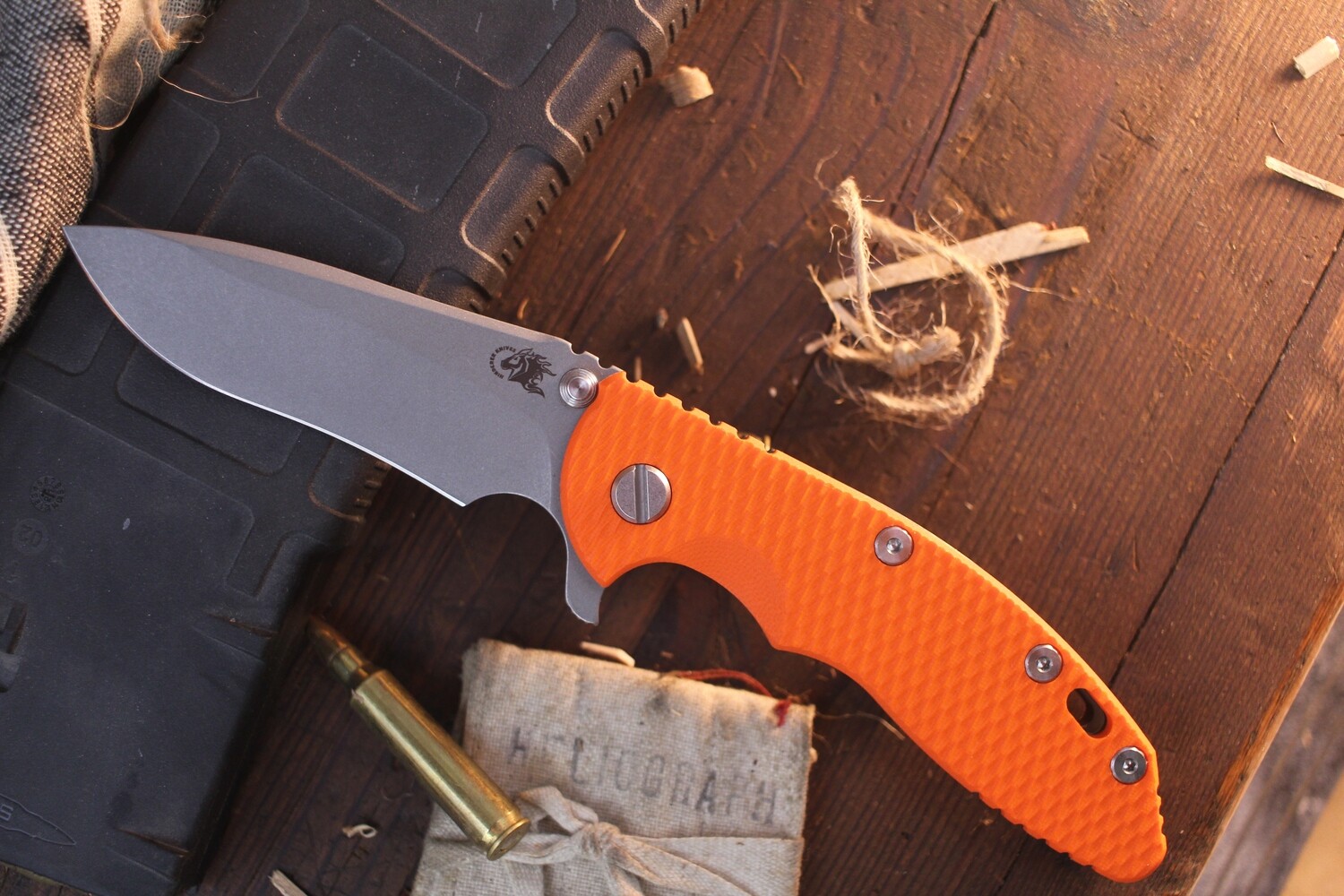 Hinderer XM-18 3.5&quot; Framelock Flipper / Orange G-10 With Battle Bronze Titanium / Stonewashed 20CV Recurve