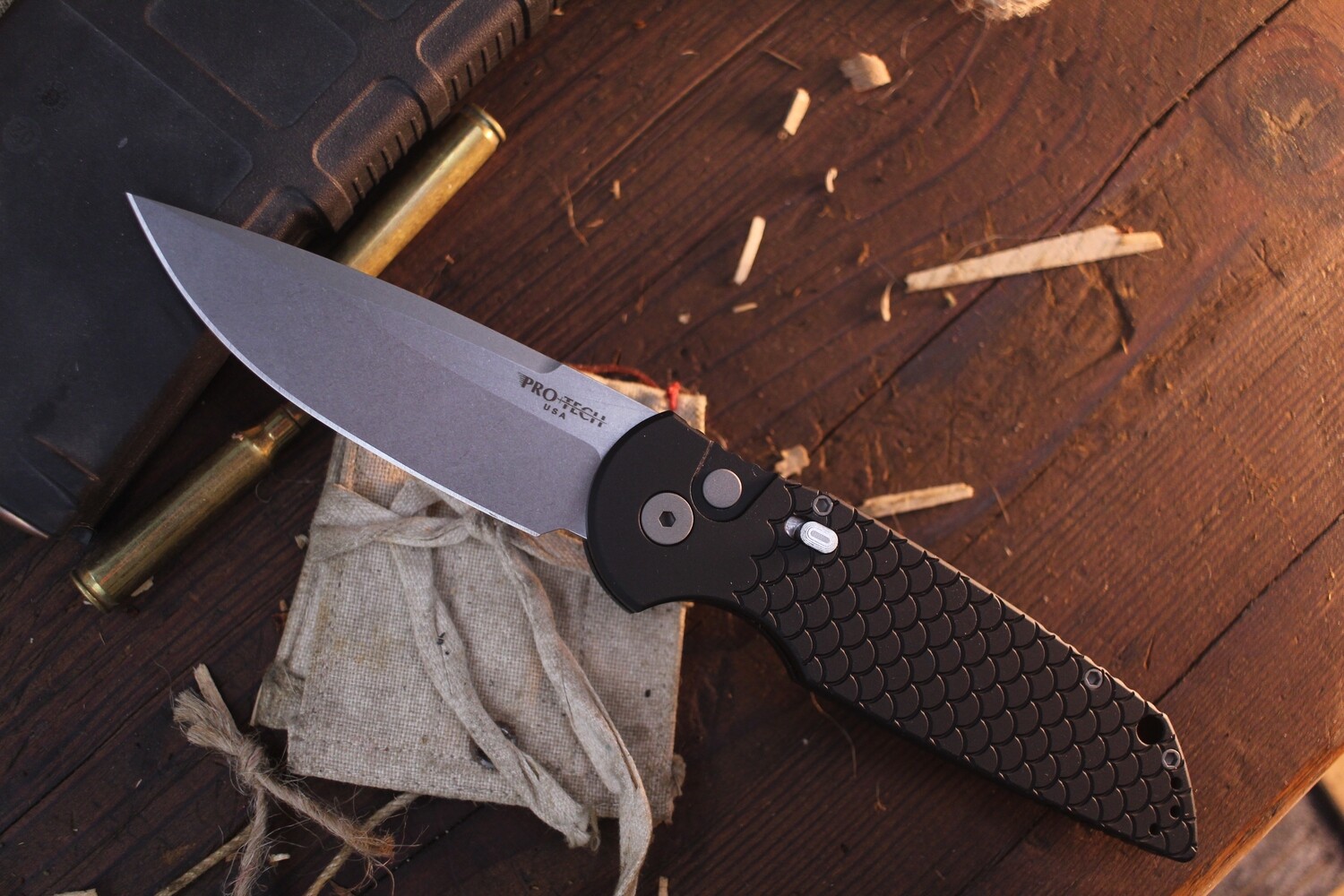 Pro-Tech TR-3 MC1 3.5&quot;  Automatic Plunge Lock Folder / Black Aluminum Fish Scale / Stonewashed CPM Magnacut
