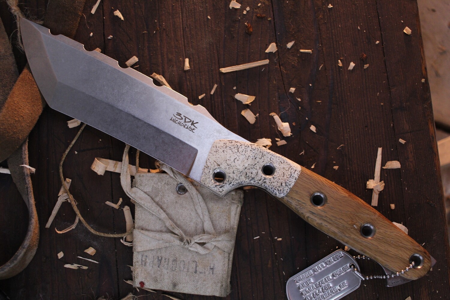 3DK Custom Amuk 6&quot; Fixed Tanto Point, Elmax Blade / Peach Wood &amp; Walrus Jaw Bone Bolsters
