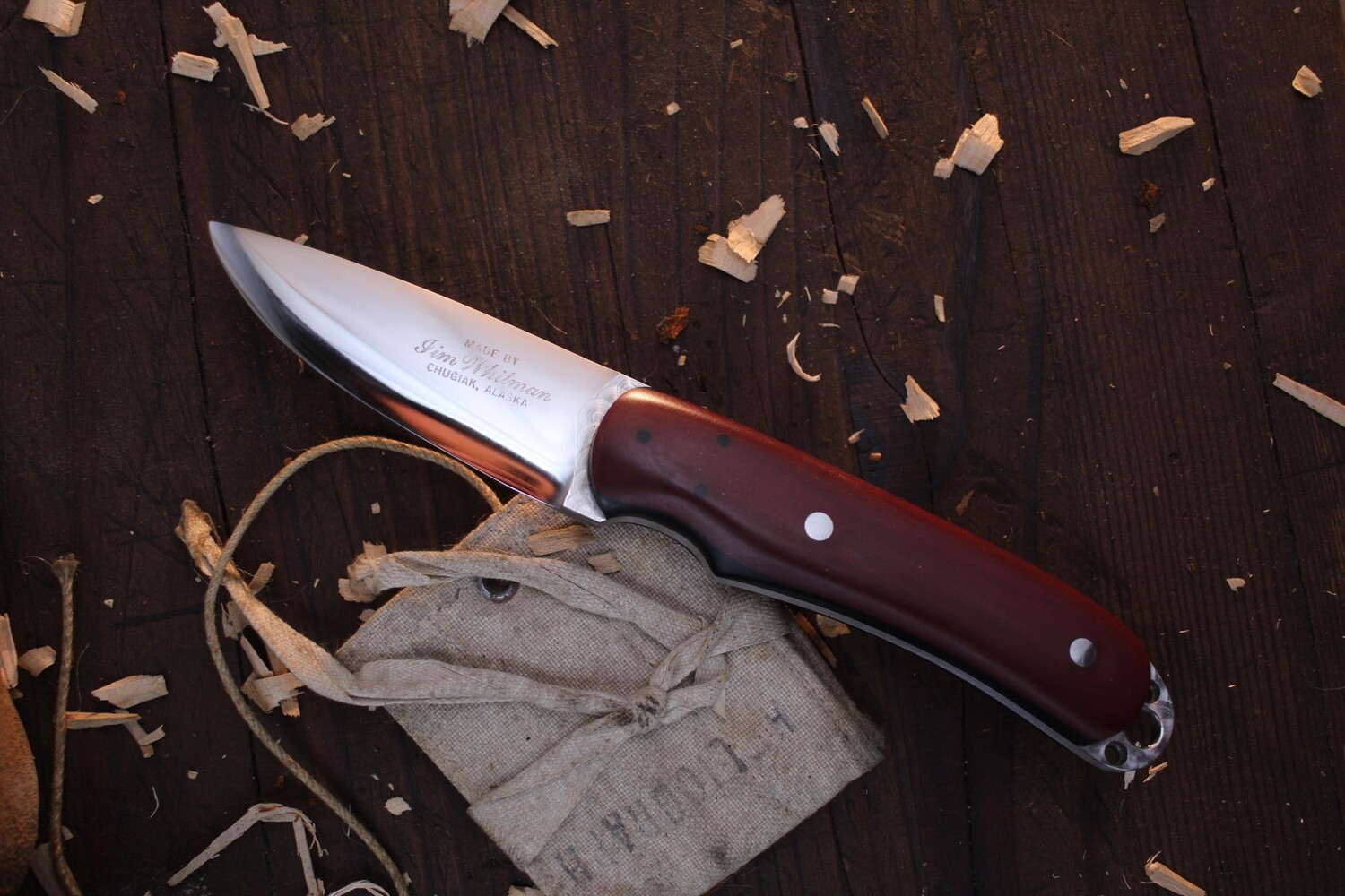 Jim Whitman Small Drop Point 3&quot; Fixed Blade / Maroon Linen Micarta / &quot;Whitman Grind&quot; Satin AEB-L / Red Kydex Sheath / Leather S