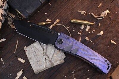 Medford Knife and Tool (MKT) Marauder 4.25" Framelock Folder / Blue Anodized & textured Ti / Black PVD 3V Tanto (Pre Owned) 