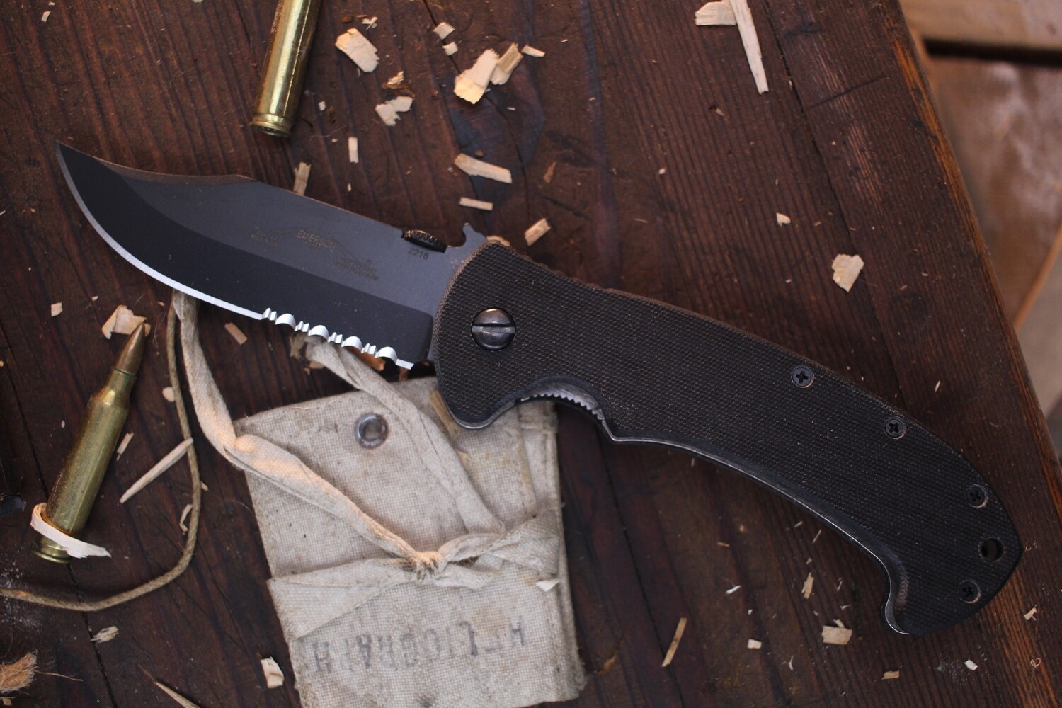 Emerson CQC-13 3.85&quot; BTS Bowie Wave Hook Folder / Black G-10 / Black Serrated 154CM ( Pre Owned )