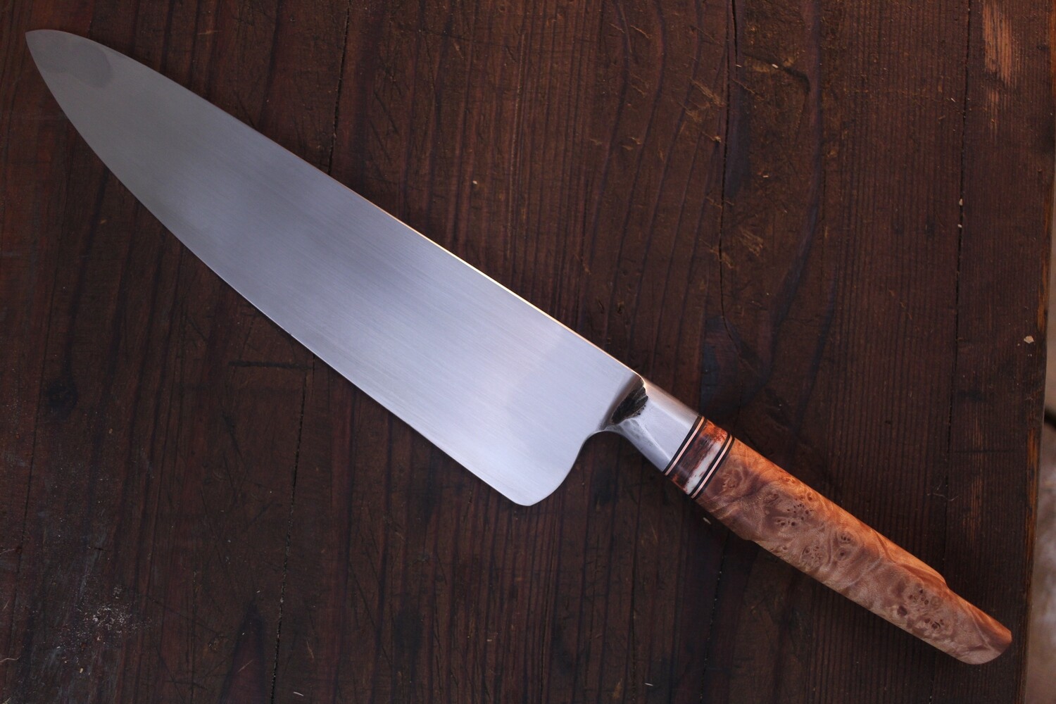 DRECK Metal 8&quot; Santoku / Box Elder Burl / Forged Satin 52100 Steel