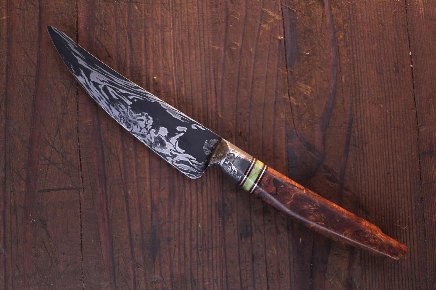 DRECK Metal Grimm 4.5&quot; Paring Knife / Ironwood With Copper &amp; Bone Spacers / Forged 15N20 &amp; 1084 Damascus