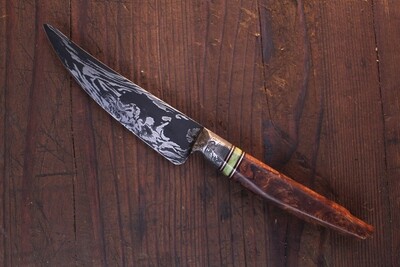 DRECK Metal Grimm 4.5" Paring Knife / Ironwood With Copper &amp; Bone Spacers / Forged 15N20 &amp; 1084 Damascus
