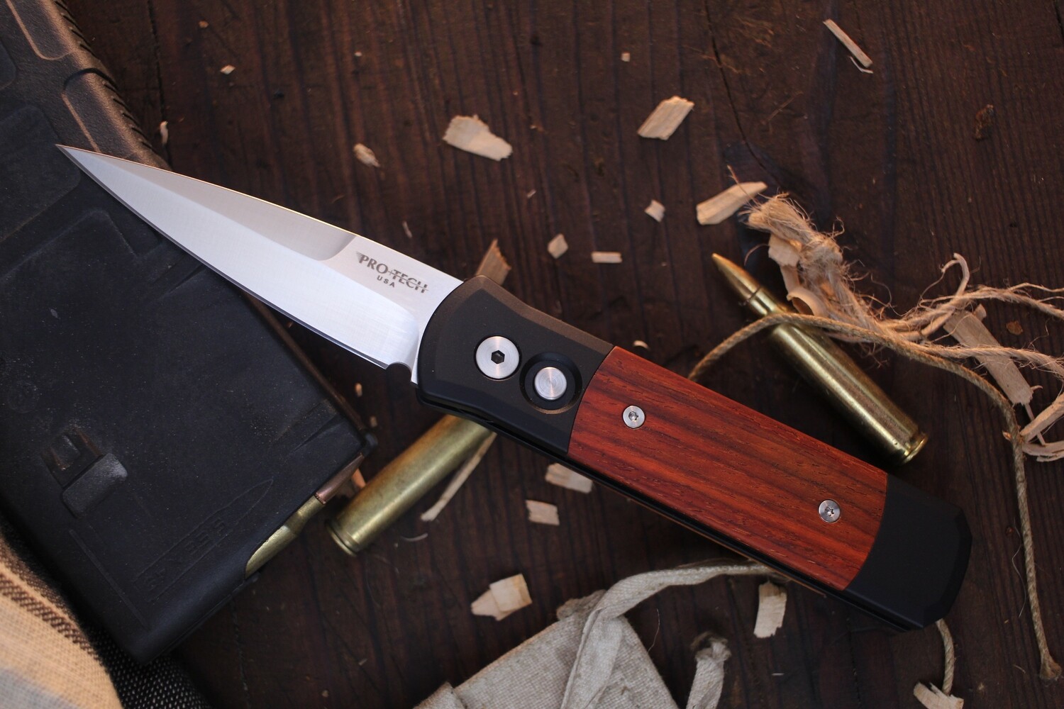Pro-Tech Godson 3.15&quot; Automatic Folder / Cocobolo &amp; Black Aluminum / Satin 154CM
