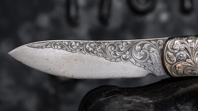 Henry Heinrich Frank Custom 2.5" Lockback Folder / Hand Engraved Bolsters &amp; Pre Ban Elephant Ivory / Hand Engraved High Carbon 