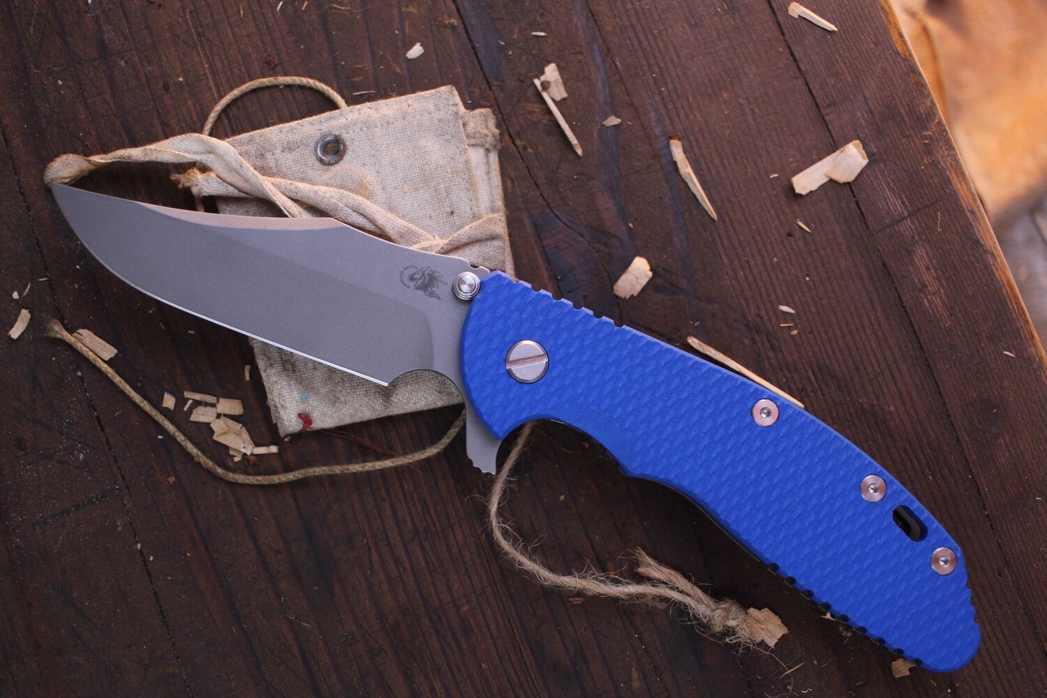 Hinderer Knives XM-24 4&quot; Framelock Flipper /  Blue G-10 &amp; Battle Bronze Titanium / Stonewashed 20CV Bowie