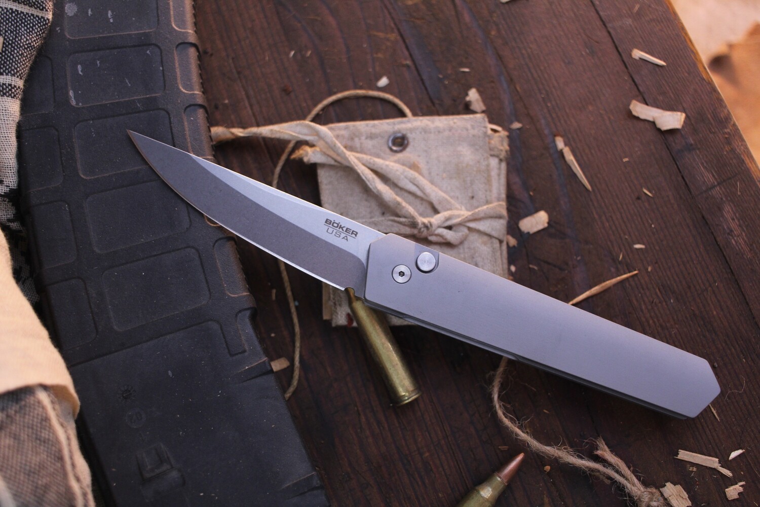 Boker USA Burnley Kwaiken 3.5&quot;Automatic Buttonlock Folder / Gray Aluminum / Stonewashed 154CM