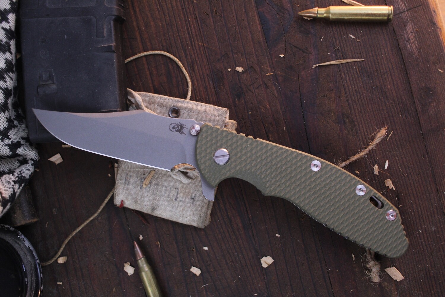 Hinderer Knives XM-24 4&quot; Framelock Flipper /  OD Green G-10 &amp; Working Finish Titanium / Working Finish 20CV Bowie ( Pre Owned )