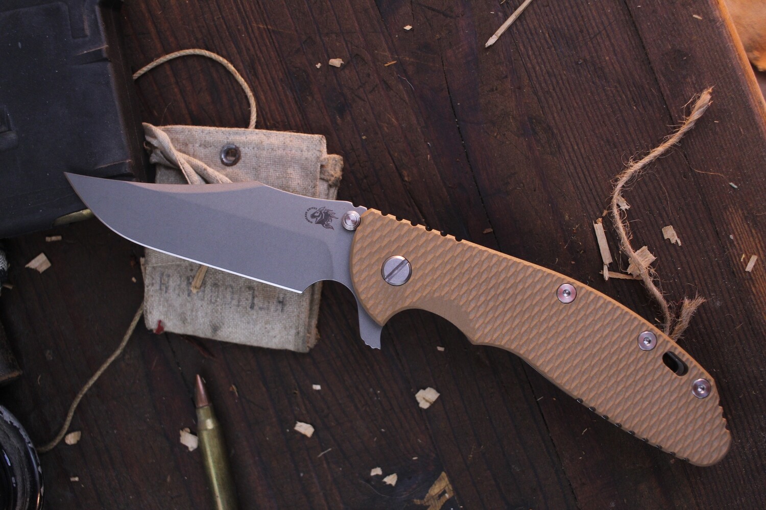 Hinderer Knives XM-24 4&quot; Framelock Flipper /  Coyote G-10 &amp; Working Finish Titanium / Working Finish 20CV Bowie ( Pre Owned )