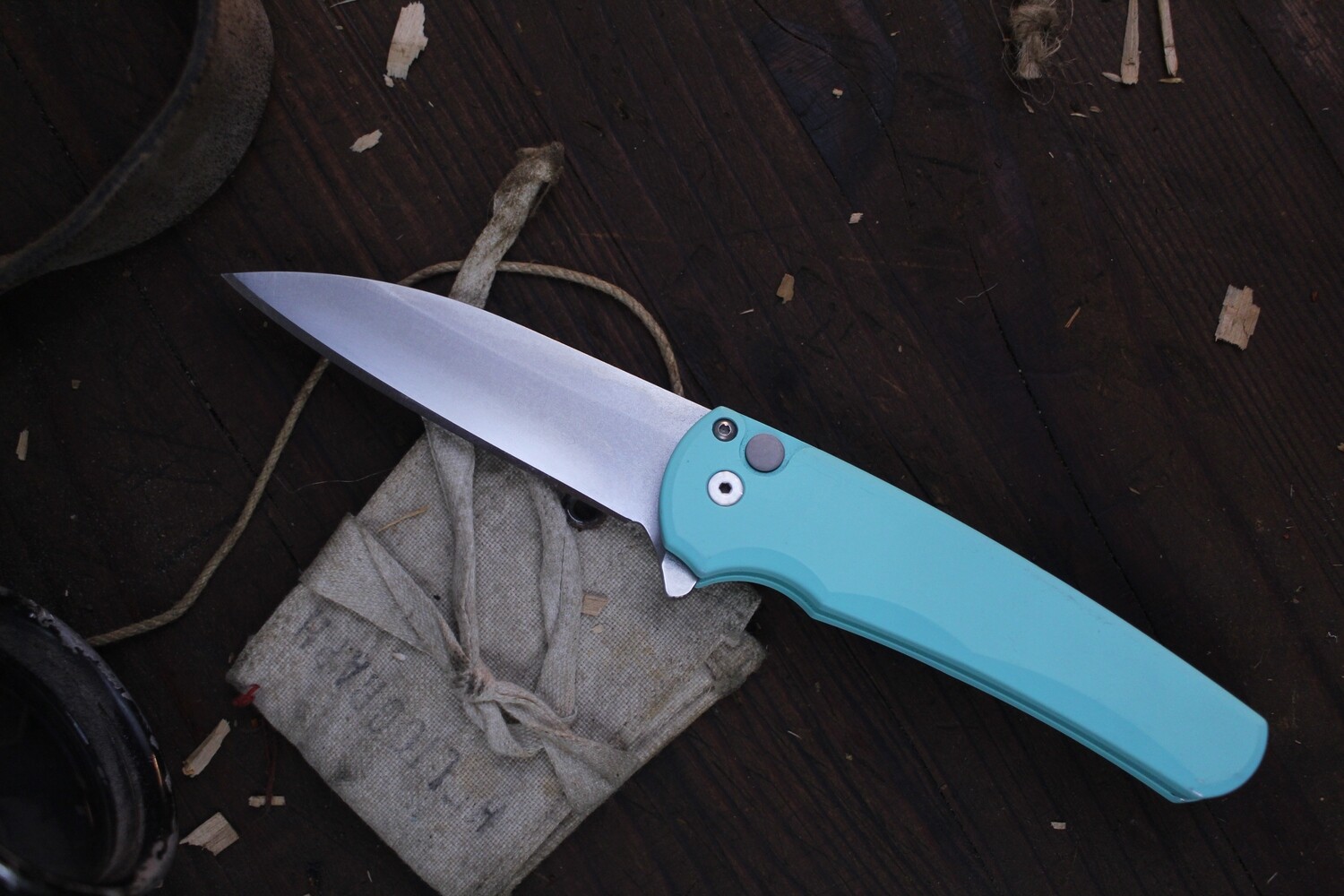 Pro-Tech Custom Malibu 3.3&quot; Wharncliffe Plunge Lock Flipper / Robbins Egg Blue Aluminum &amp; Bead Blasted Hardware/ Stonewashed 20