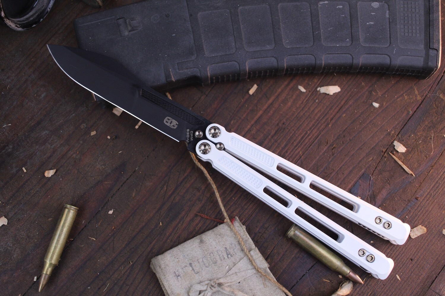 E.O.S. Trident 4.13&quot; Balisong / Stormtrooper Titanium &amp; Bronze Hardware / DLC S30V