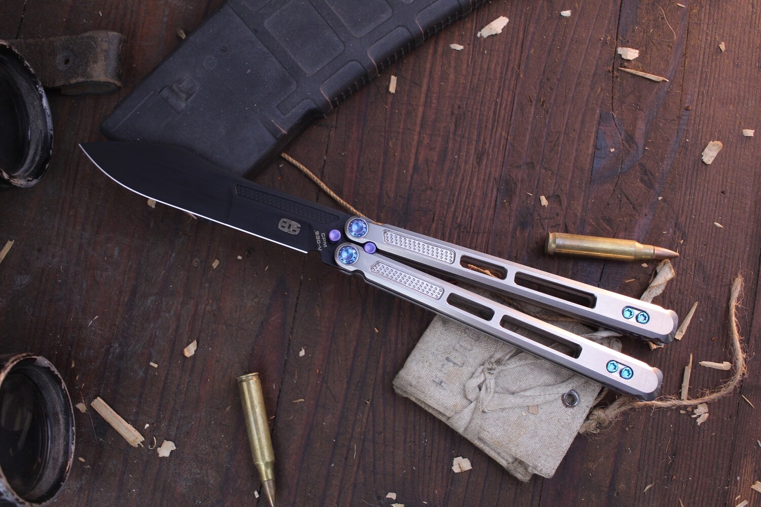 E.O.S. Trident 4.13&quot; Balisong / Titanium &amp; Blue Hardware / DLC S30V