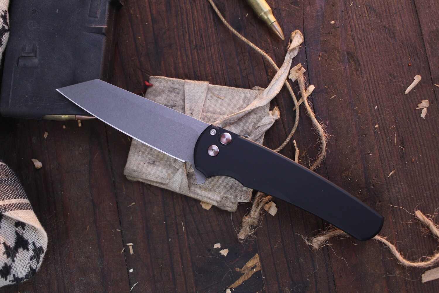 Pro-Tech Malibu 3.30&quot; Manual Reverse Tanto Flipper Knife / Black Aluminum / Stonewash CPM-20CV ( Pre Owned )