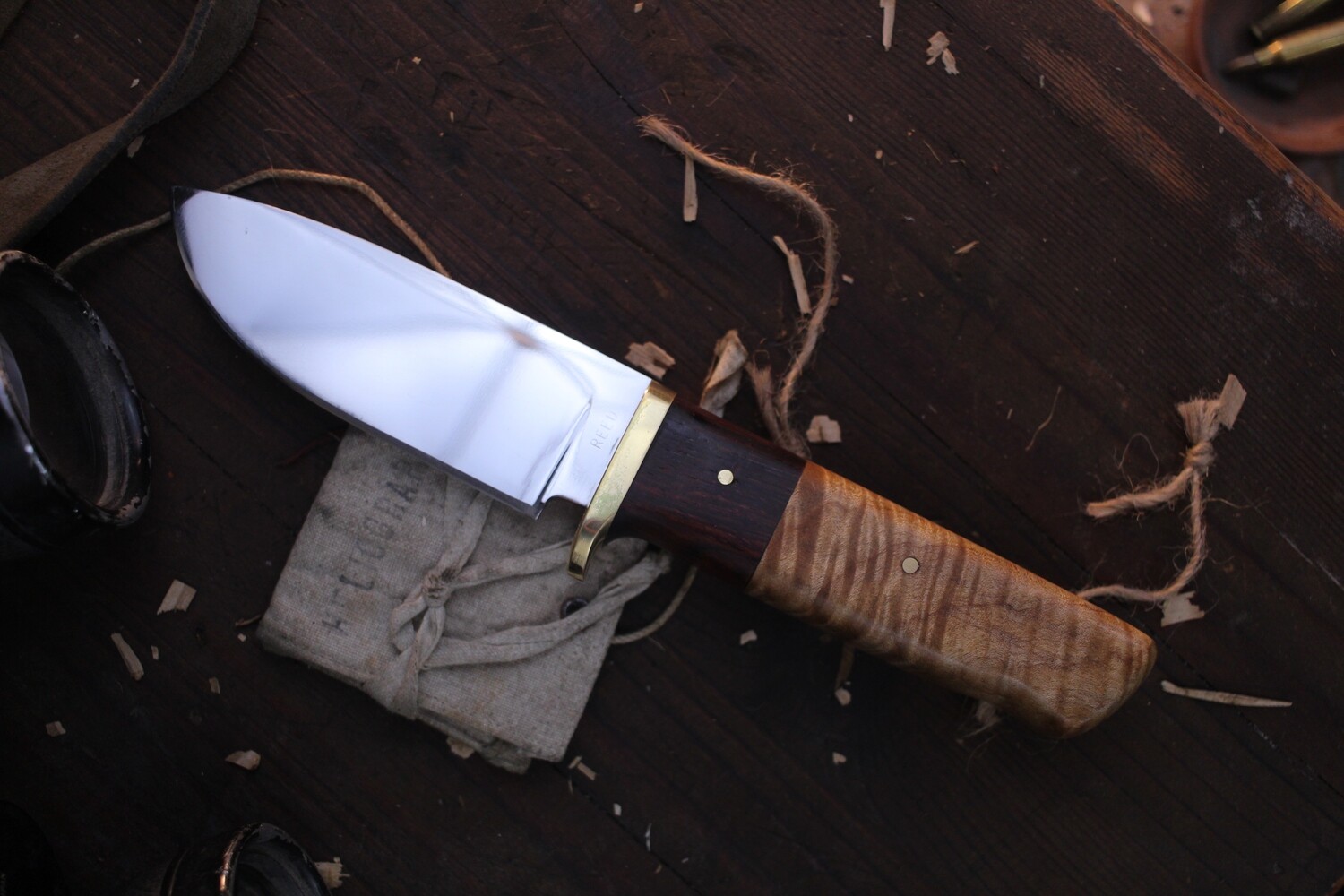 David Reed Woodsman 4.25" Fixed Blade / Cocobolo & Maple With Brass Single Guard / Polished Drop Point D2