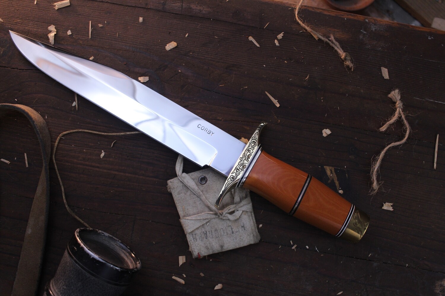 Harold Corby Custom Fighter 9.5&quot; Fixed Blade / Westinghouse Paper Micarta &amp; Engraved Brass / Polished Stainless Steel