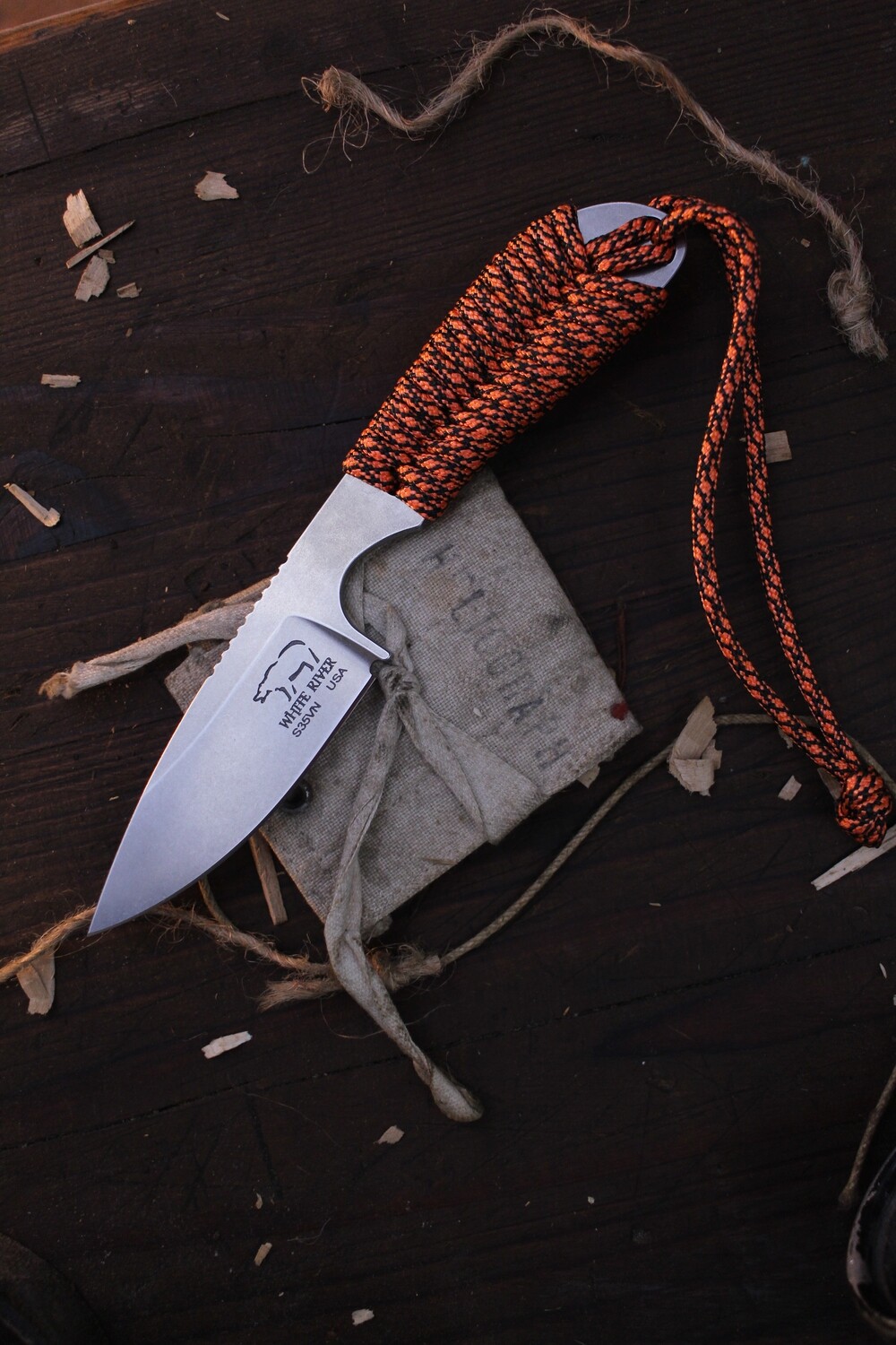 White River Knives M1 Backpacker 3.25&quot; Fixed Blade Knife / Orange Paracord / Stonewash S35VN