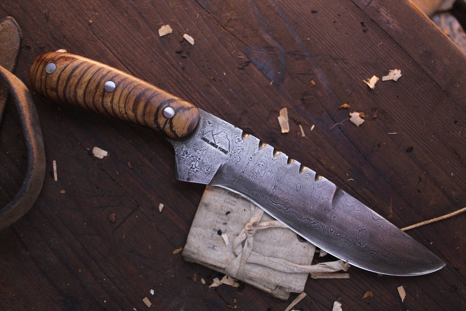 Highlands Forge 7&quot; Fixed Blade Hunter / Zebrawood /  Alaskan Forged Ladder Damascus
