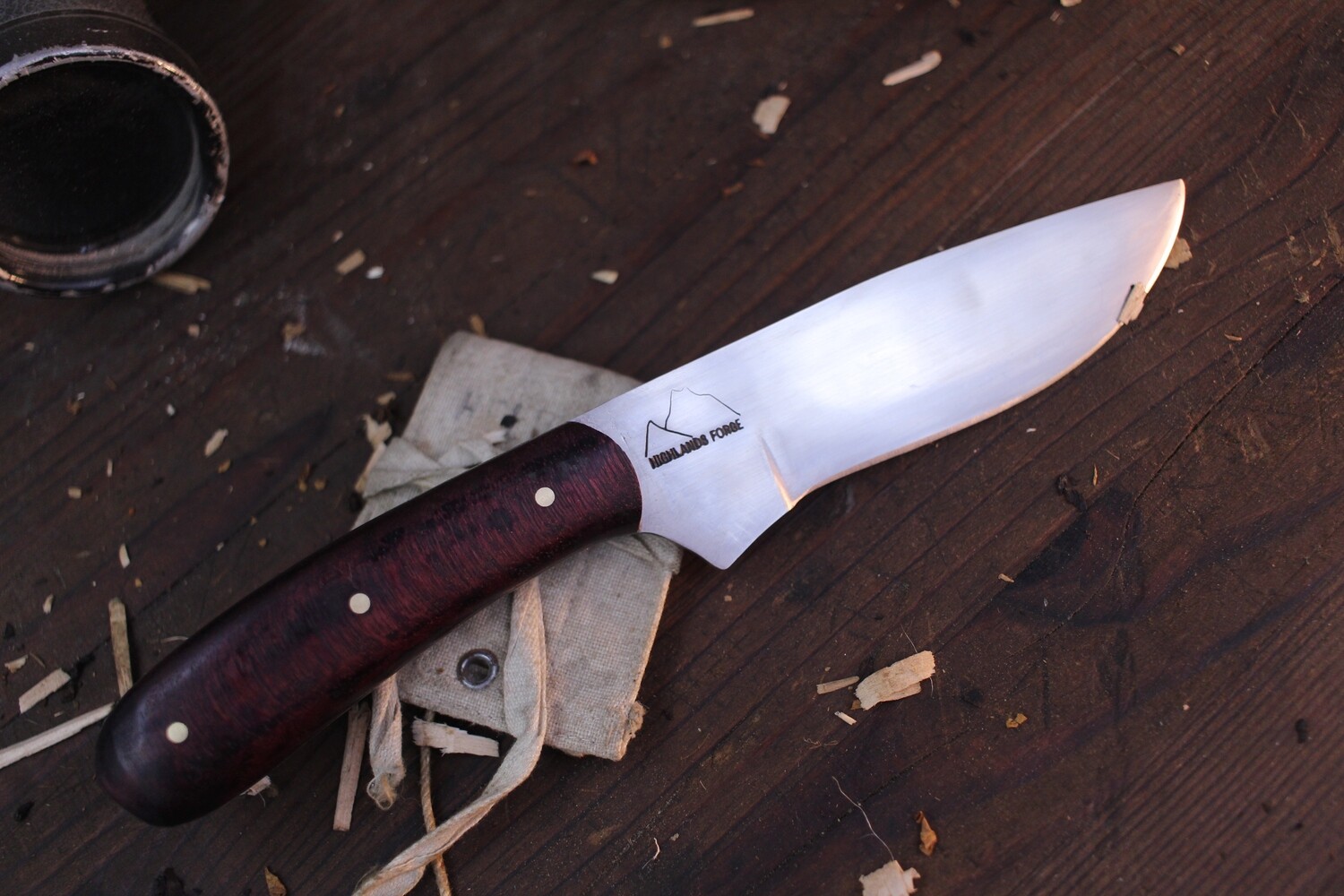 Highlands Forge 5&quot; Fixed Blade Hunter / Purple Heartwood /  Satin Forged 1095